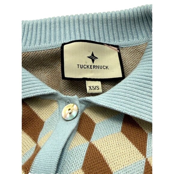 Tuckernuck Clayton Knit Polo Top Light Blue Tan Retro Boxy 3/4 Sleeve Size XS/S - Picture 5 of 8